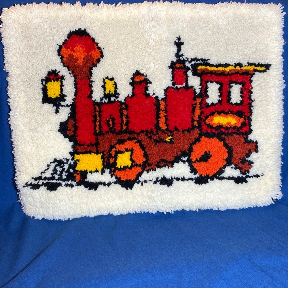 Vintage (1978) Train Engine Pattern Finished Latch Hook Rug/Wall Hanging